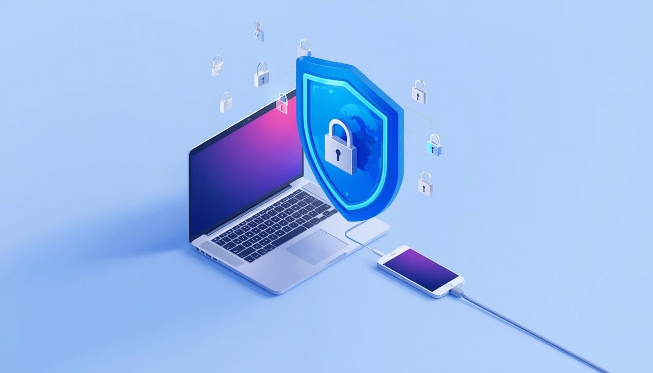 A remote worker using a secure laptop with a VPN connection to protect company data